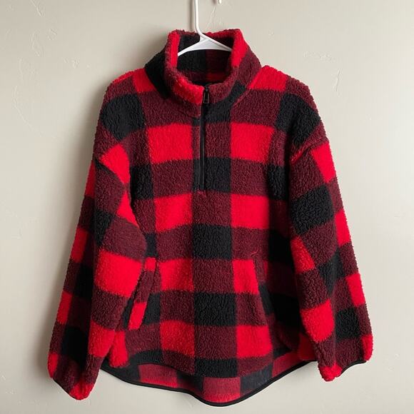 Old Navy Womens Black & Red Buffalo Plaid Fleece Half-Zip Pullover Sweater- Sz L - Picture 2 of 5